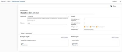 Screenshot der Verwaltungsoberfläche der Software ETRON onRetail zur Erstellung eines Rabattcodes namens "Rabattcode Sommer" mit bedingten Regeln und Belohnungen.