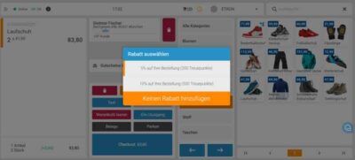 Screenshot von ETRON onRetail mit einem Popup zur Auswahl zum Einlösen von Treuepunkten